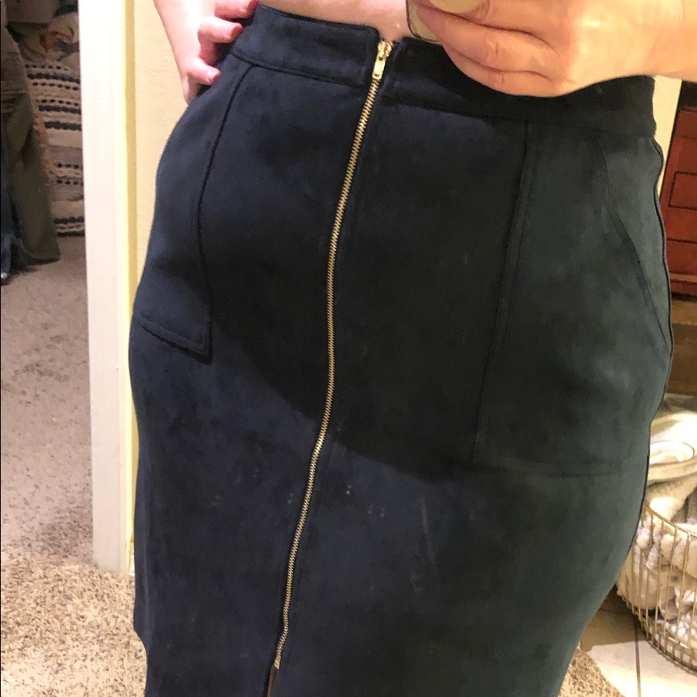 Navy zip up stretch suede skirt